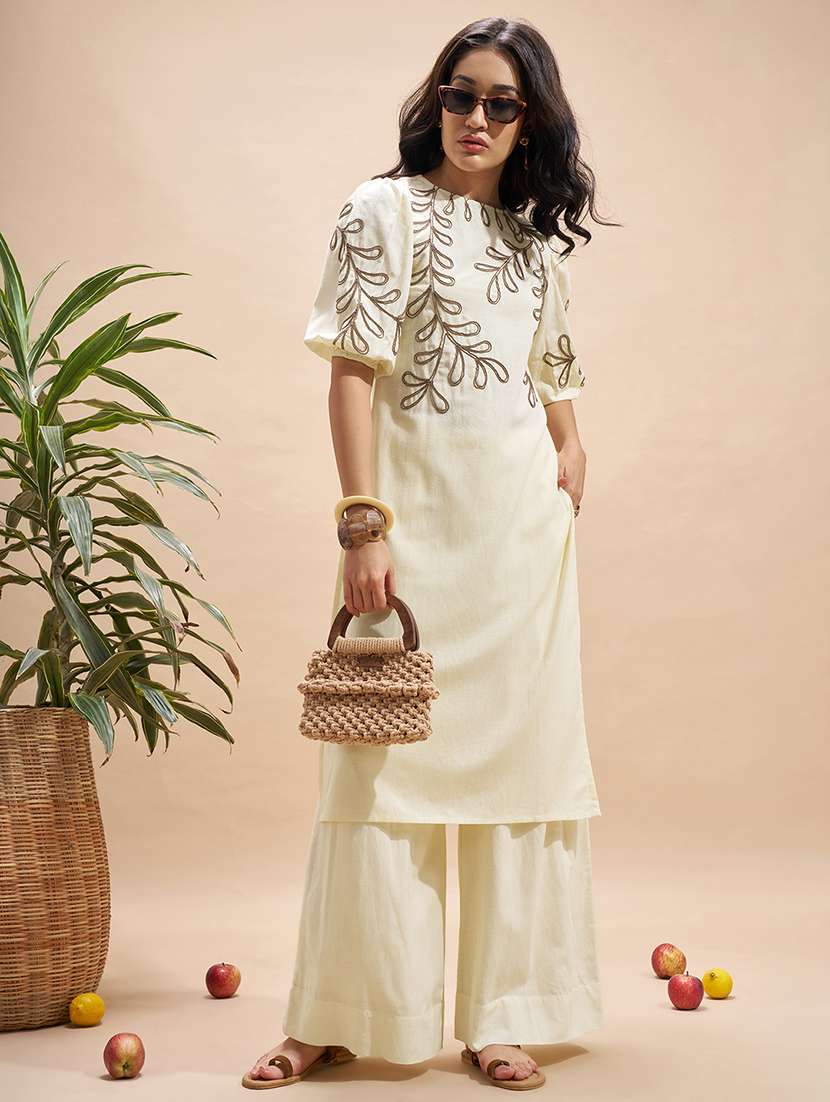 women embroidered puff sleeves straight kurta