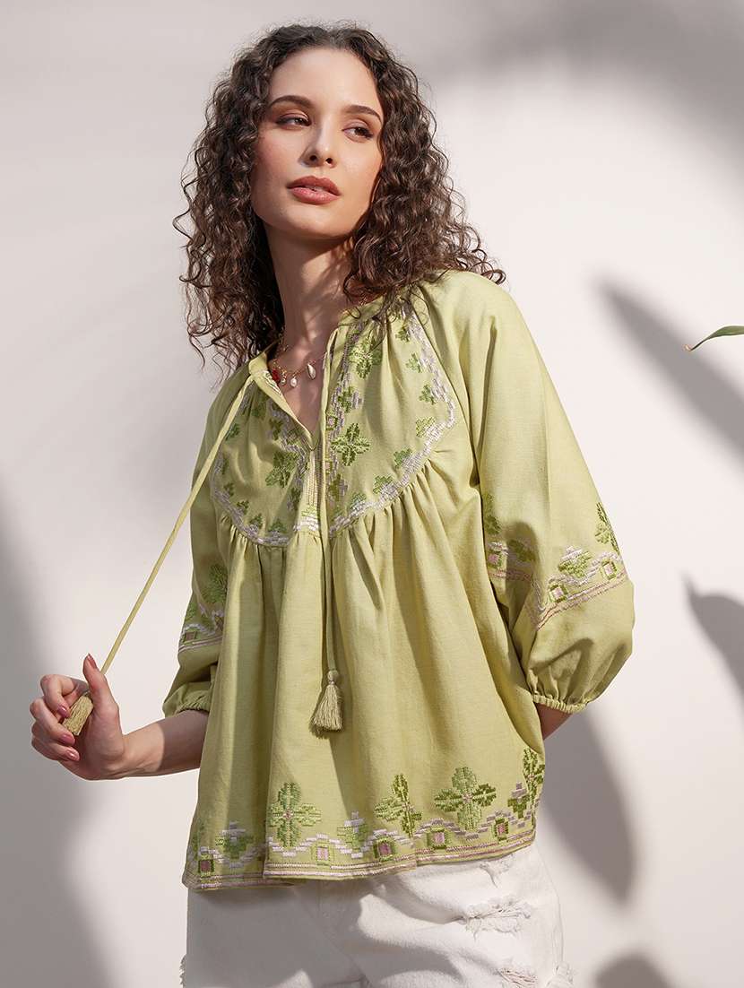 women embroidered tie up neck flared top - 22499570 -  Standard Image - 2