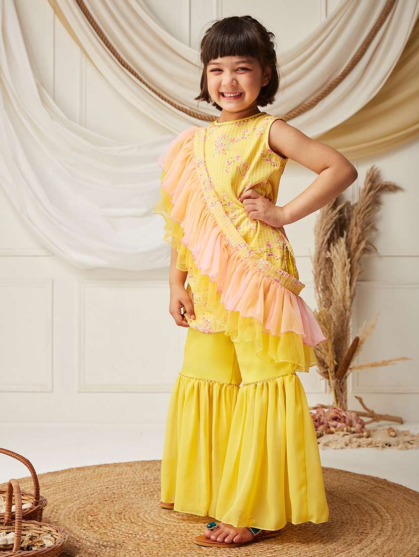 girls printed round neck sleeveless kurta and sharara suit set - 22499701 -  Standard Image - 2