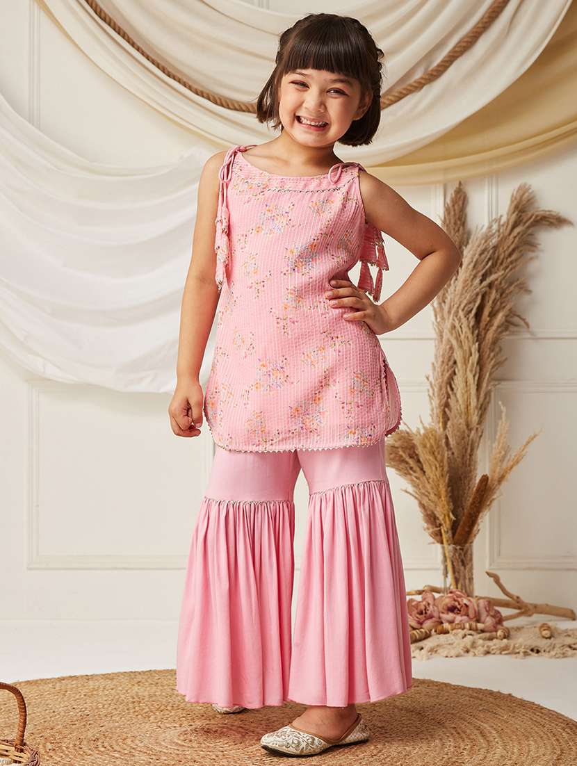 girls printed sleeveless kurta with sharara set
