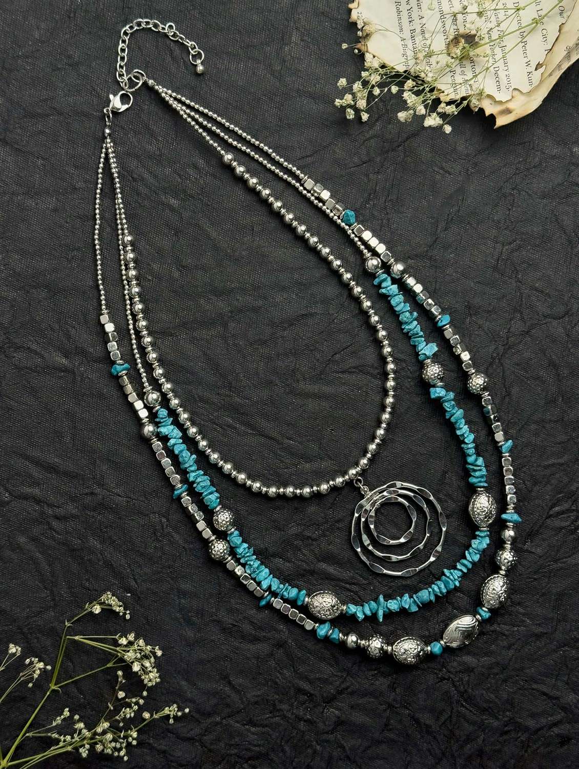blue beaded multi layer metal beads statement necklace for women