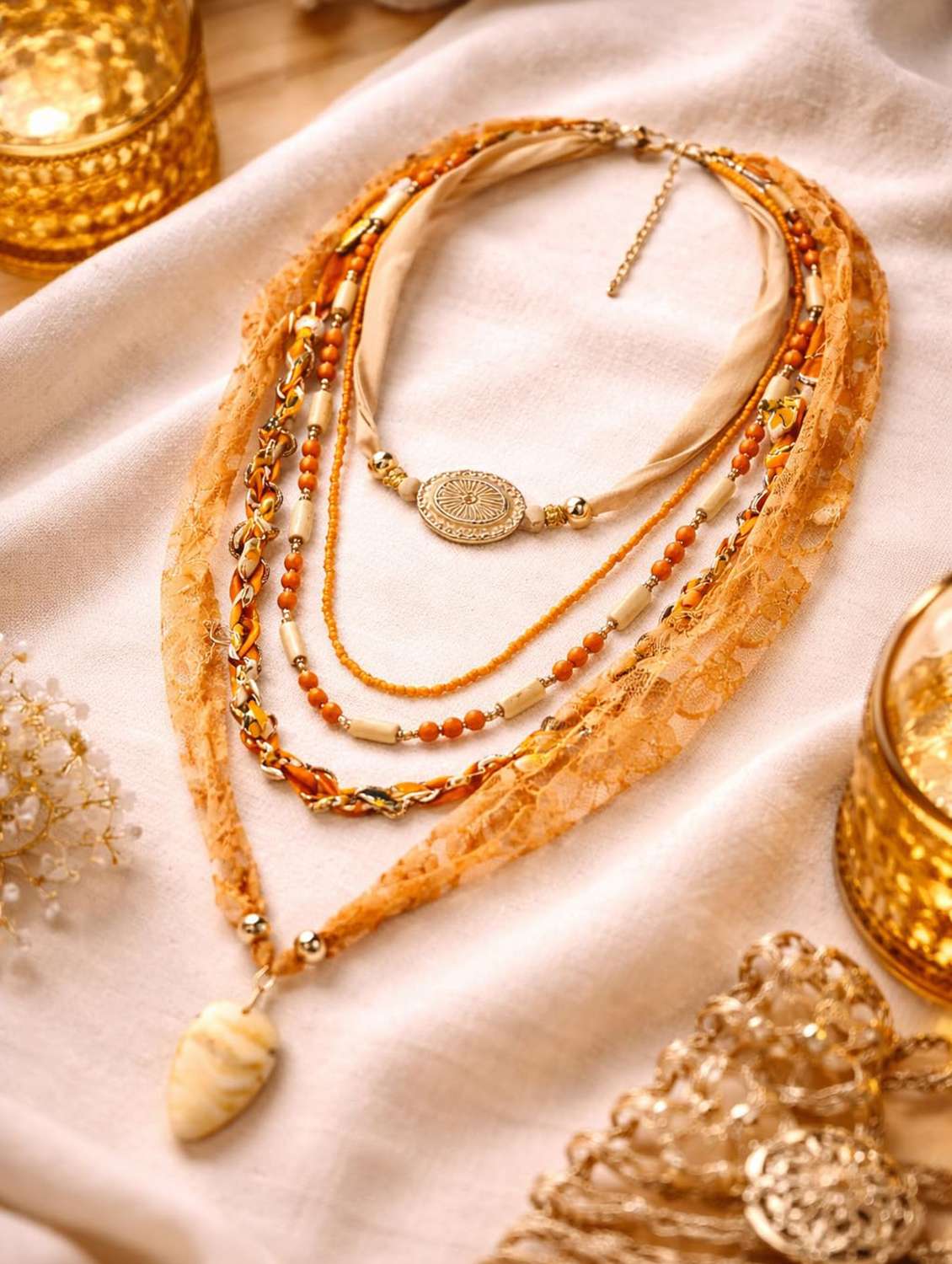 yellow 5-layer fabric metal beads statement necklace