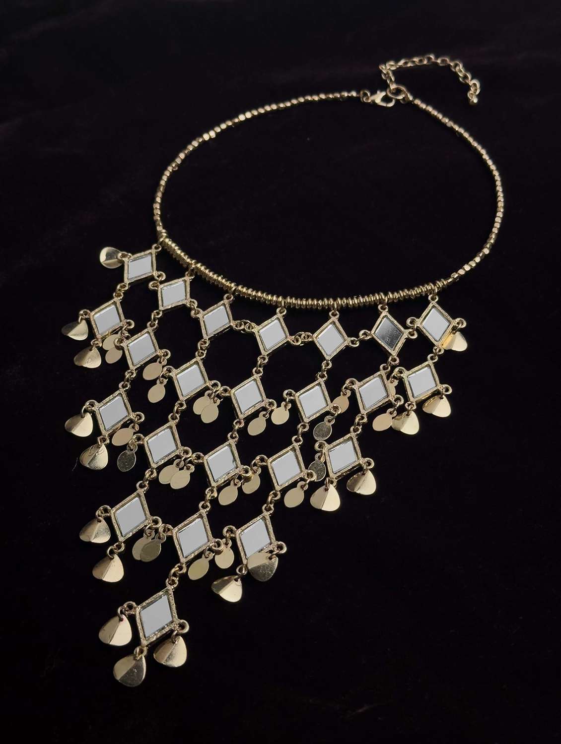 gold plated metal mirror beads statement fringe necklace