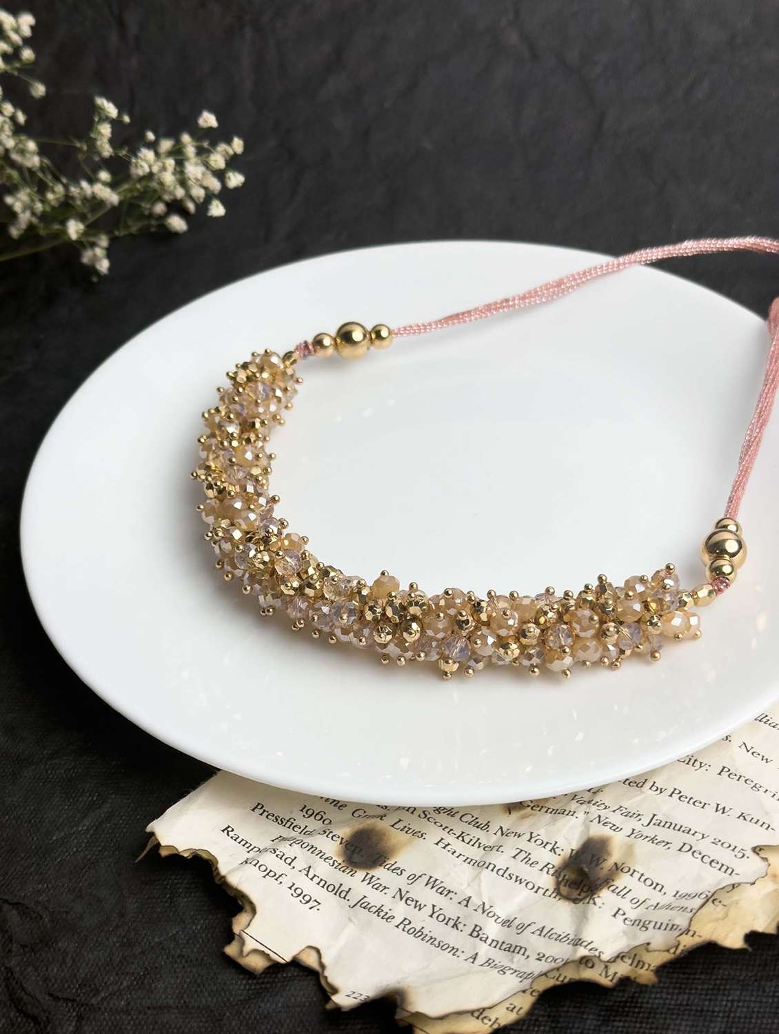 brown beaded cotton thread statement necklace