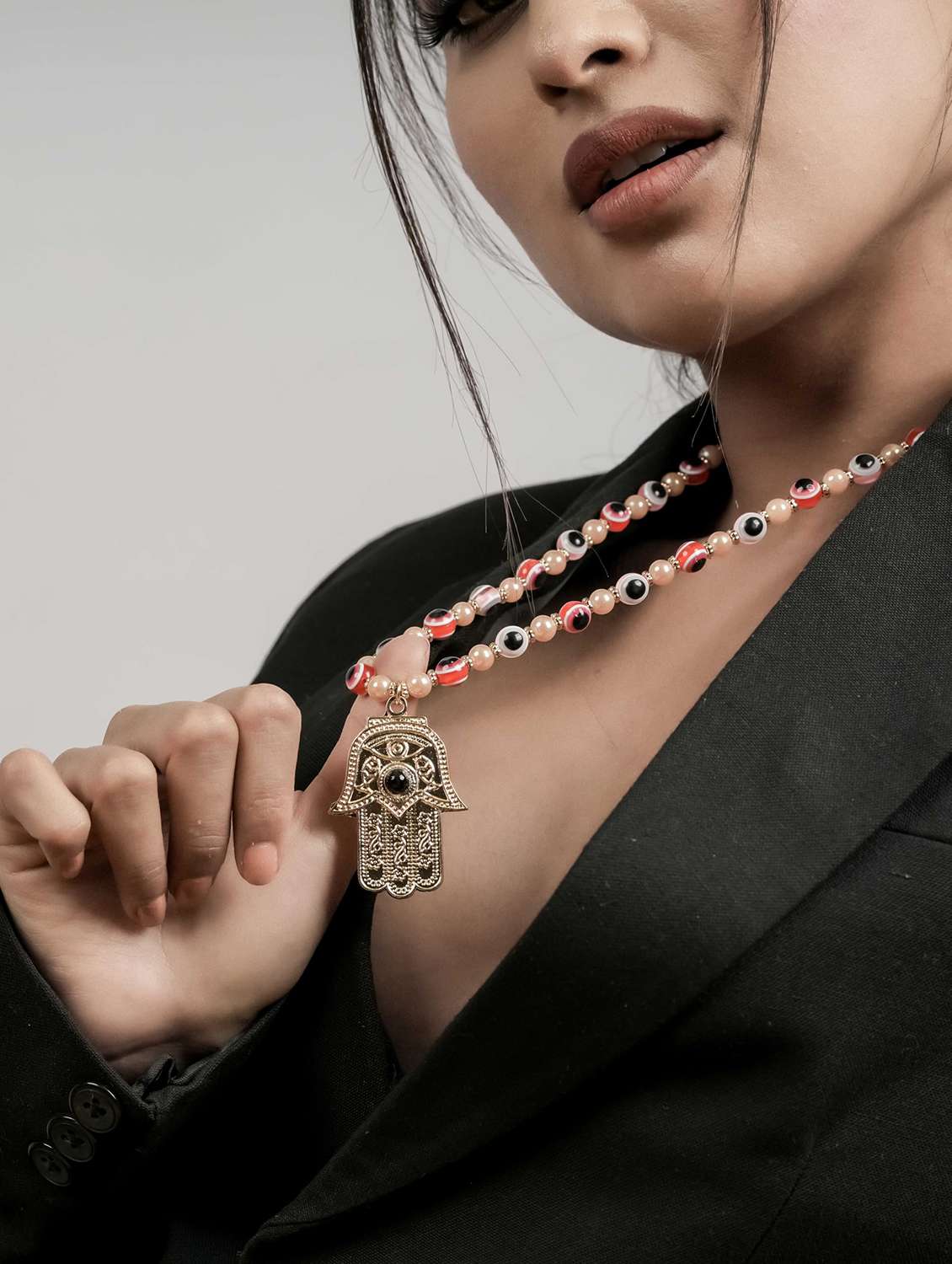 evil eye beads necklace with hamsa hand pendant for women