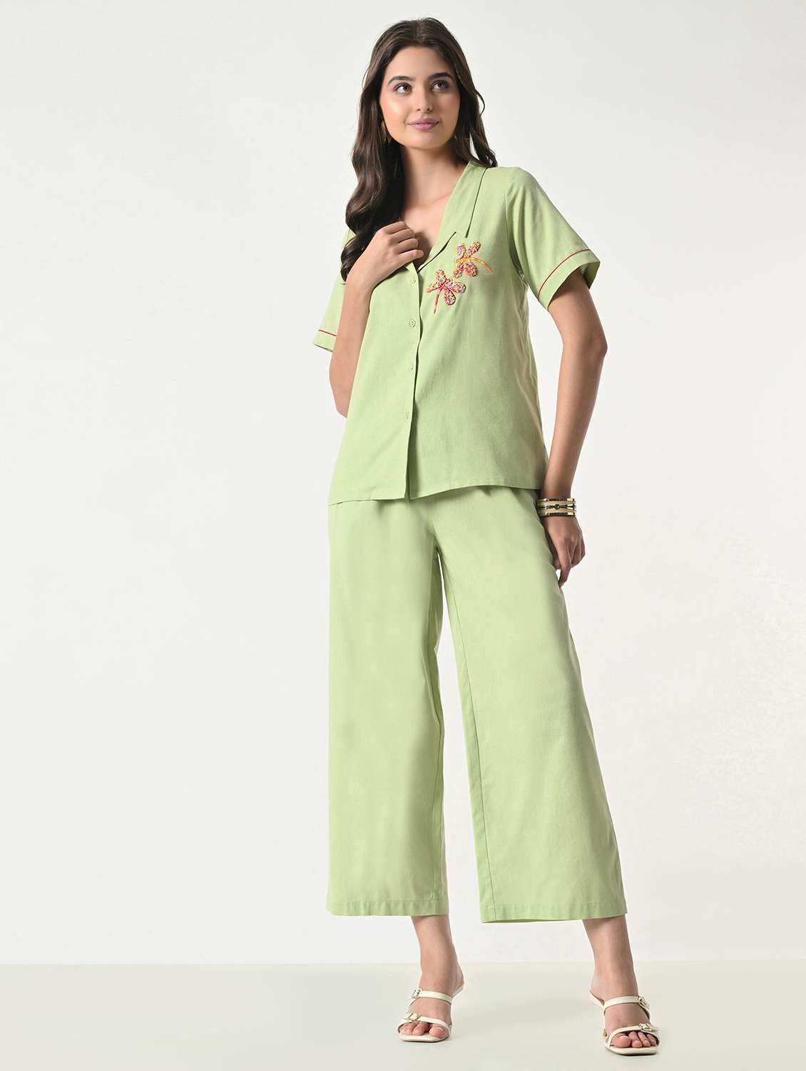 women embroidered short sleeves top and palazzo set