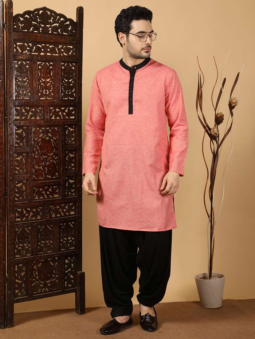 men solid mandarin neck long kurta - 22500123 -  Standard Image - 2