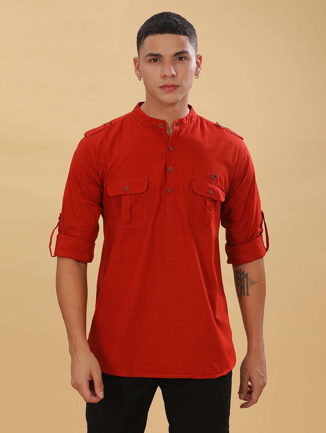 men solid mandarin neck short kurta - 22500124 -  Standard Image - 2