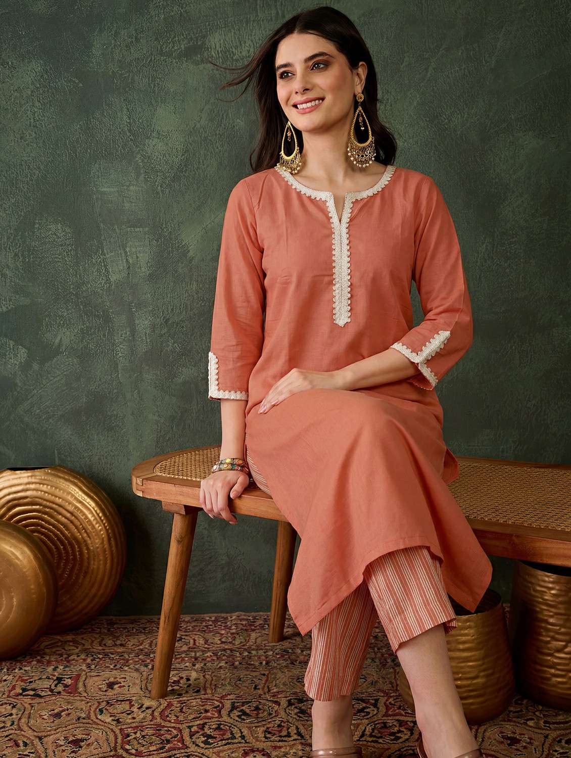 women solid three quarter sleeve kurta pant set - 22500169 -  Standard Image - 2