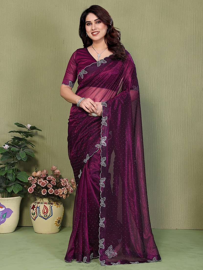 women solid with work embellished saree with blouse