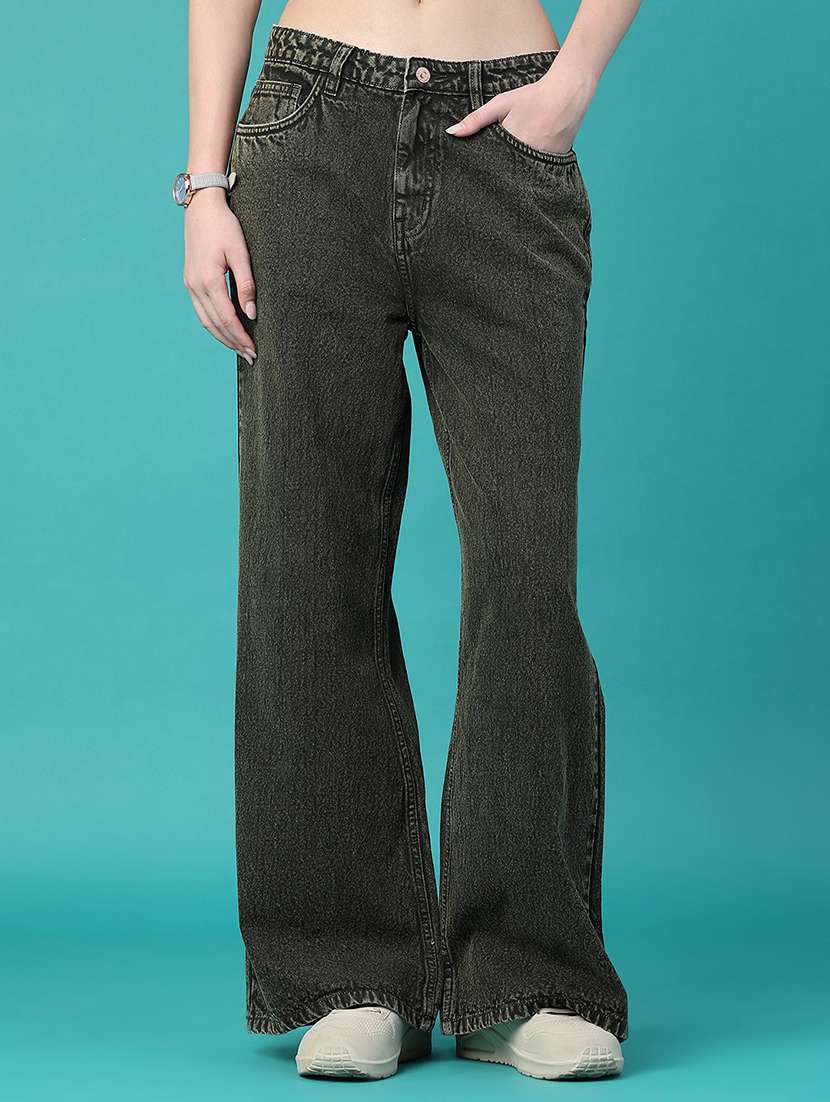 women washed mid rise wide leg jeans