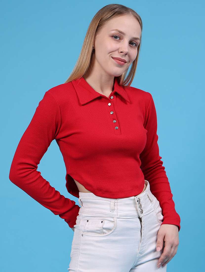 Women Solid Long Sleeves Crop T-shirt - 22500821 -  Standard Image - 2