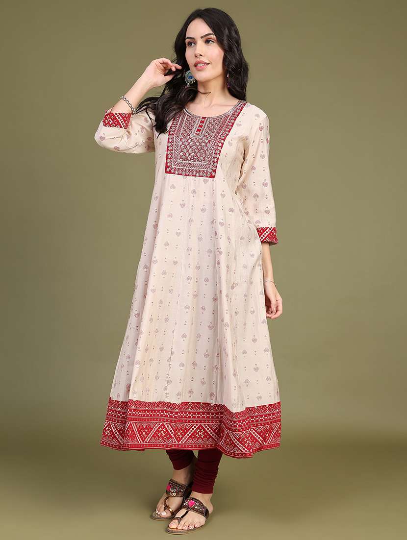 Women Printed Three Quarter Sleeve Anarkali Kurta - 22500851 -  Standard Image - 2