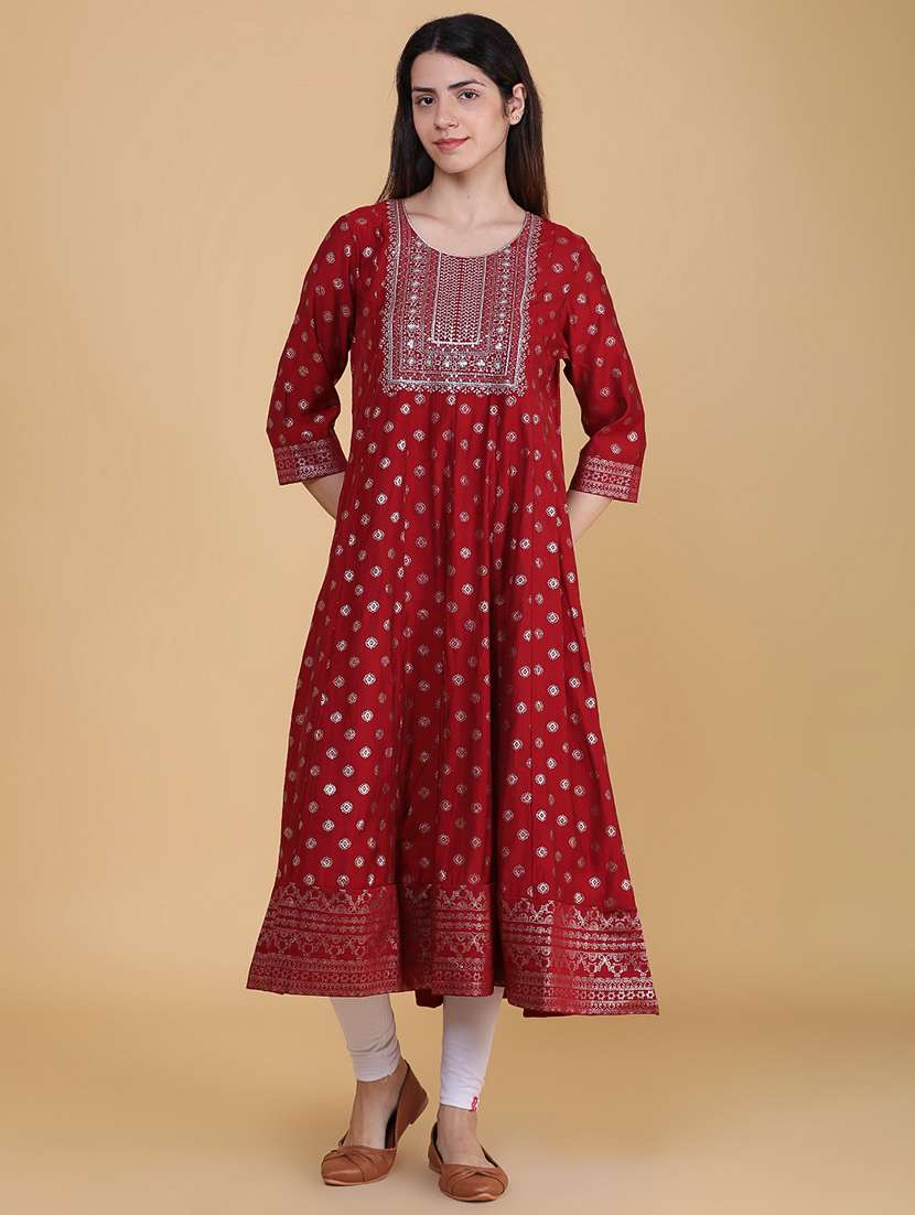 Women Printed Three Quarter Sleeve Anarkali Kurta - 22500856 -  Standard Image - 2