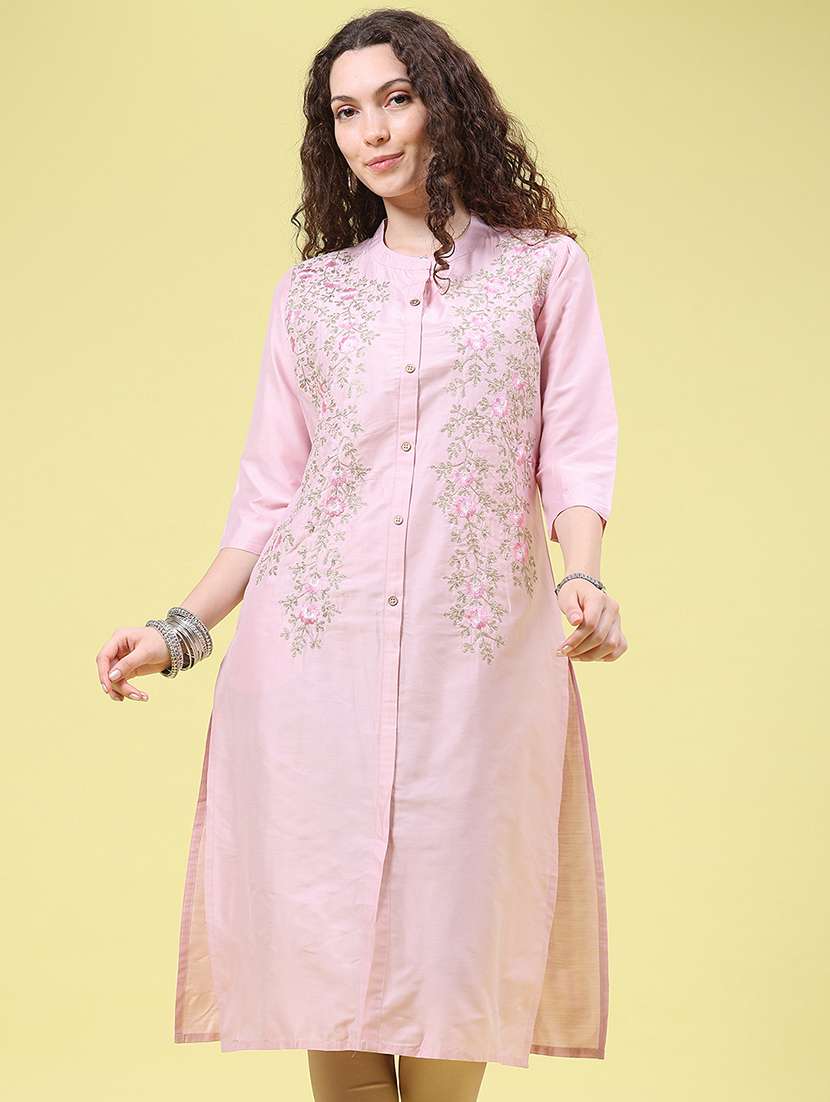 Women Solid With Work Three Quarter Sleeve Straight Kurta - 22500859 -  Standard Image - 2