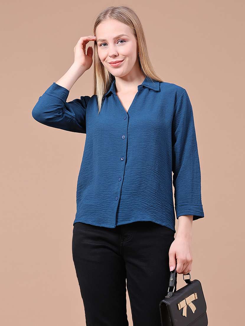 women solid three quarter sleeves regular shirt