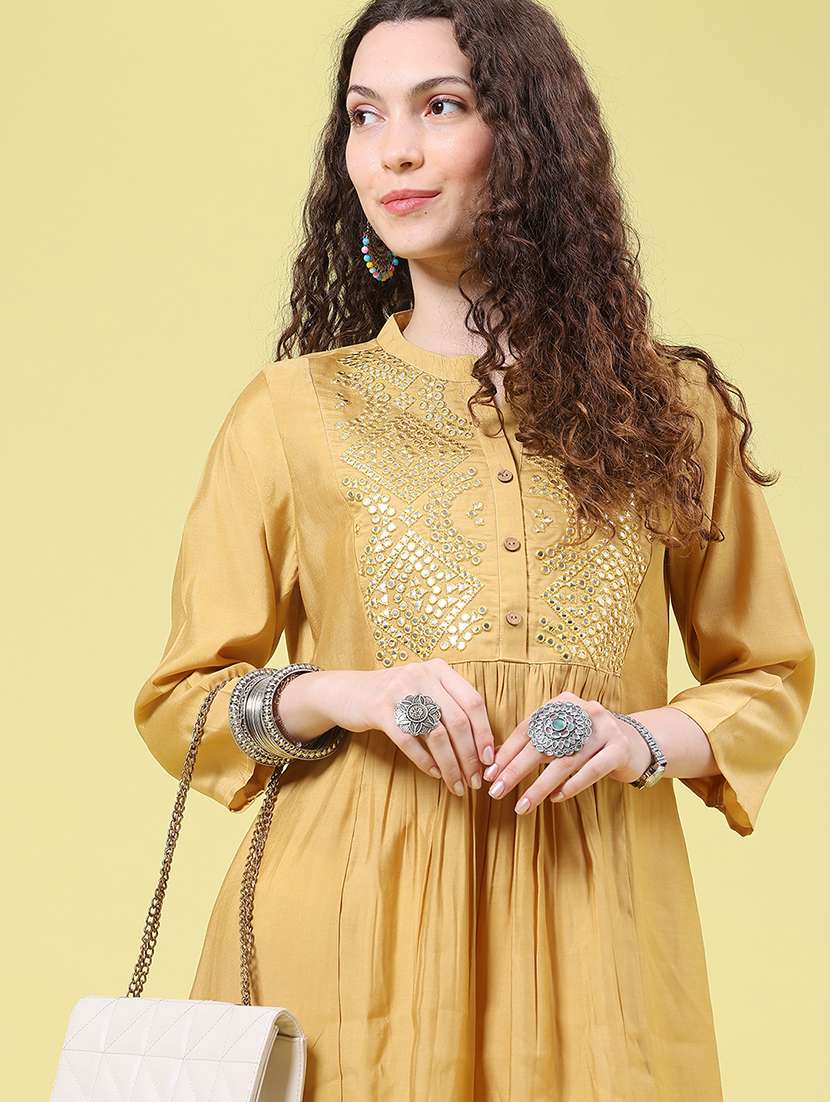 Women Solid With Work Three Quarter Sleeve A-line Kurta - 22501508 -  Standard Image - 2