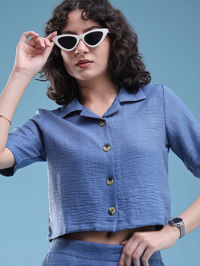women solid short sleeves crop shirt 