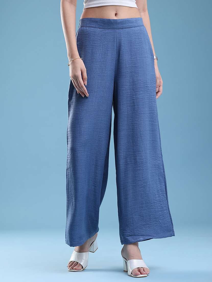 women solid mid rise wide leg trouser