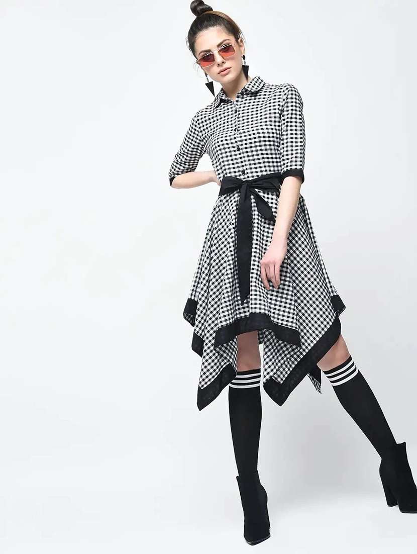 women checkered asymmetric knee length dress