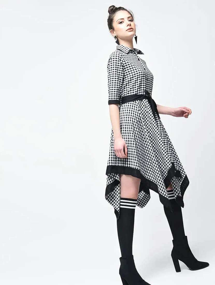women checkered asymmetric knee length dress - 22501769 -  Standard Image - 2