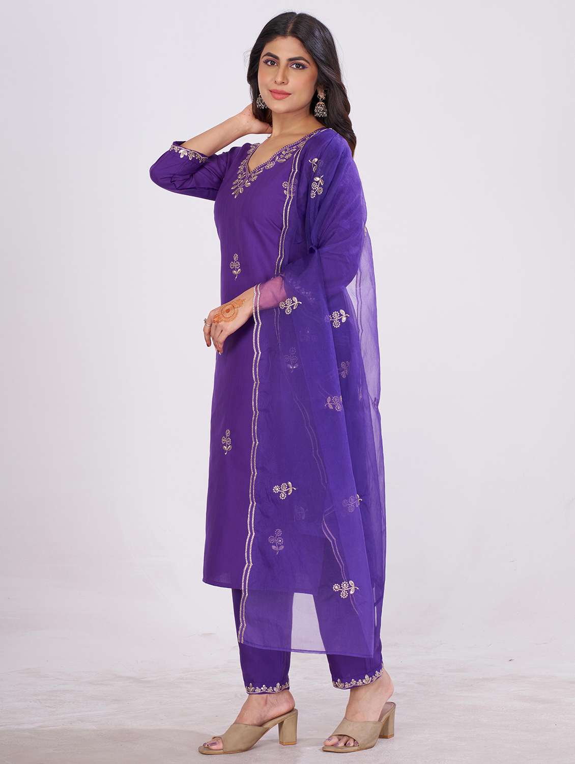 women solid with work three quarter sleeve kurta pant with dupatta set - 22501894 -  Standard Image - 2