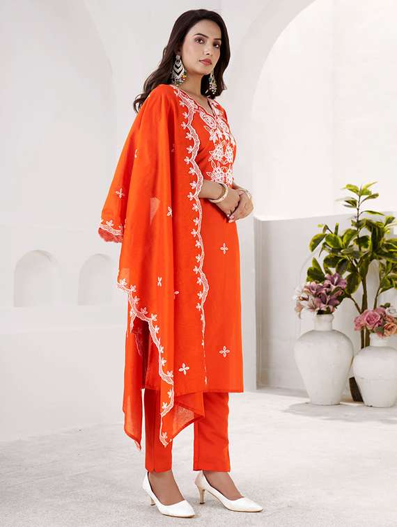 women solid with work three quarter sleeve kurta pant with dupatta set - 22501896 -  Standard Image - 2