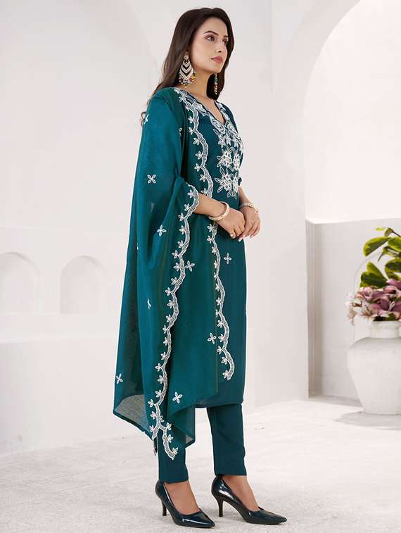 women solid with work three quarter sleeve kurta pant with dupatta set - 22501897 -  Standard Image - 2