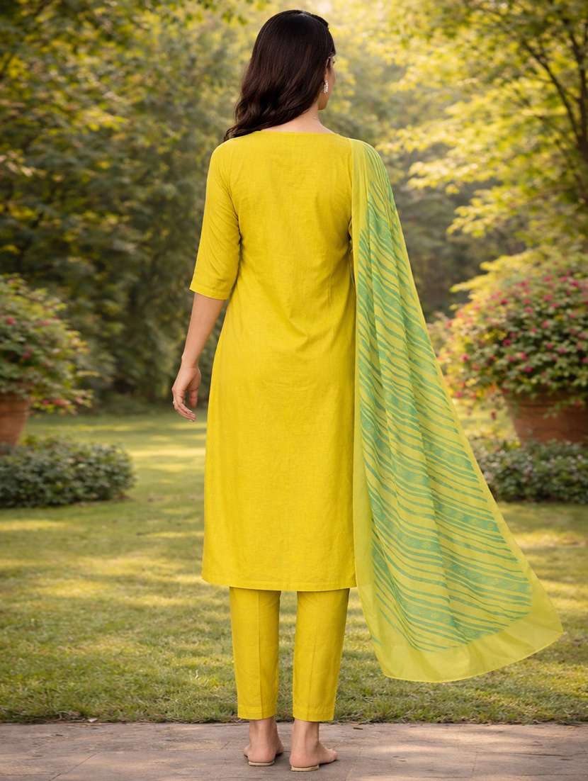 women solid with work three quarter sleeve kurta pant with dupatta set - 22501898 -  Standard Image - 2