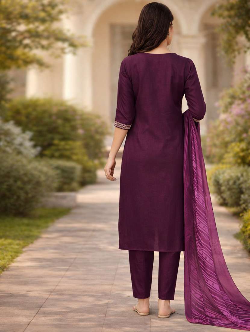 women solid with work three quarter sleeve kurta pant with dupatta set - 22501899 -  Standard Image - 2