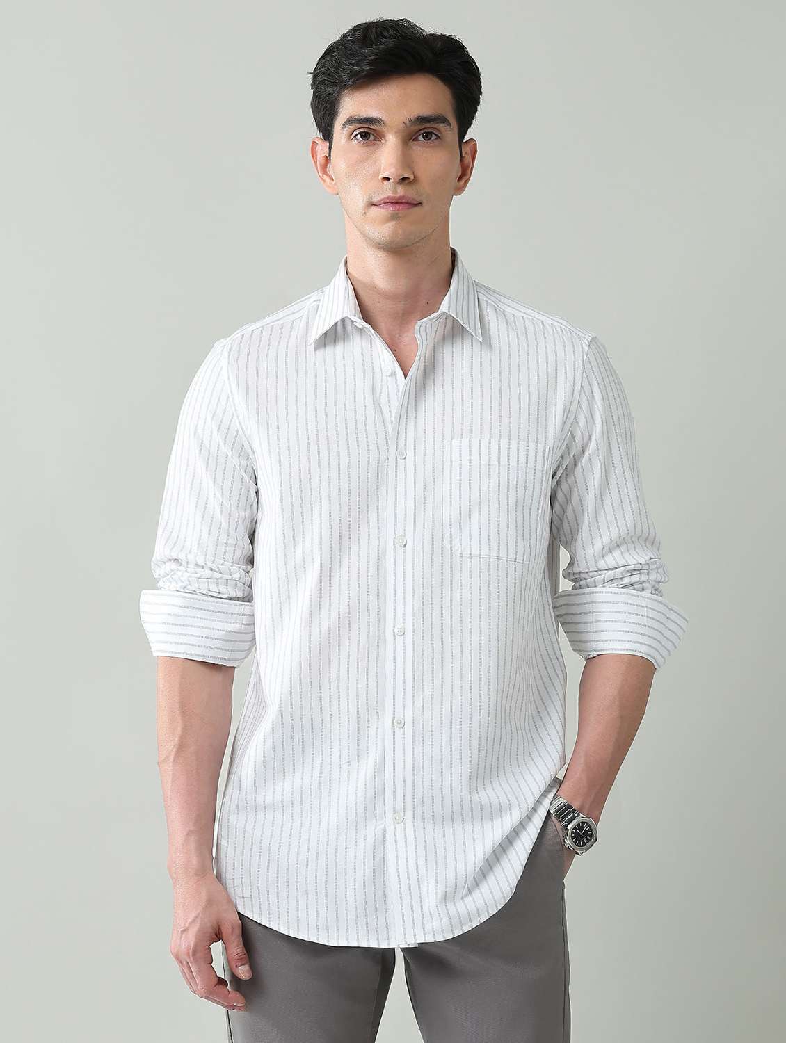 men striped long sleeve regular fit casual shirt