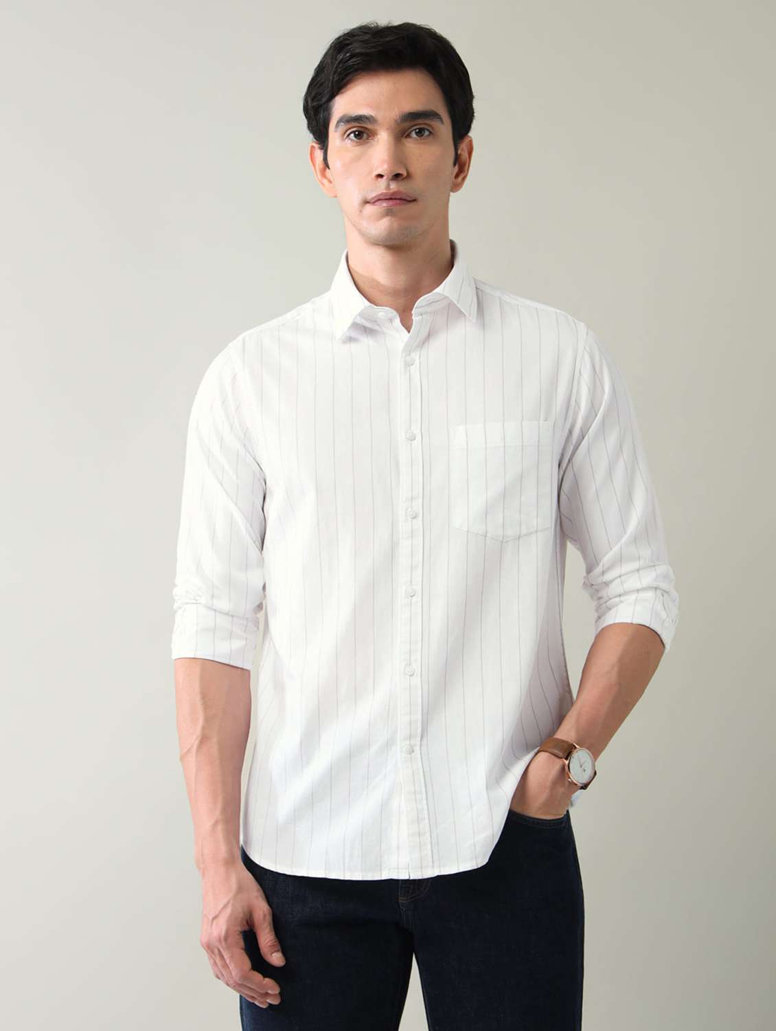 men striped long sleeve slim fit casual shirt