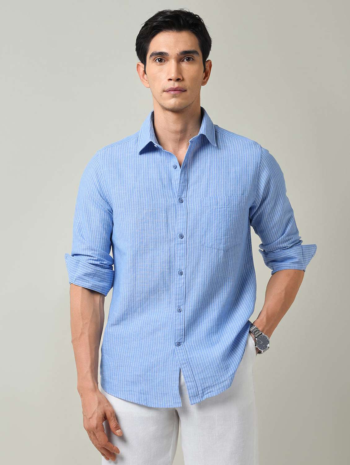 men striped long sleeve slim fit casual shirt