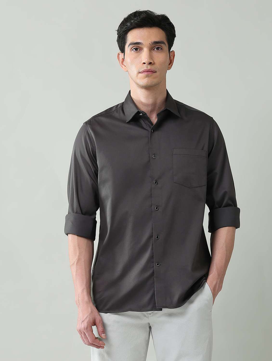 men solid long sleeve slim fit casual shirt - 22501943 -  Standard Image - 2