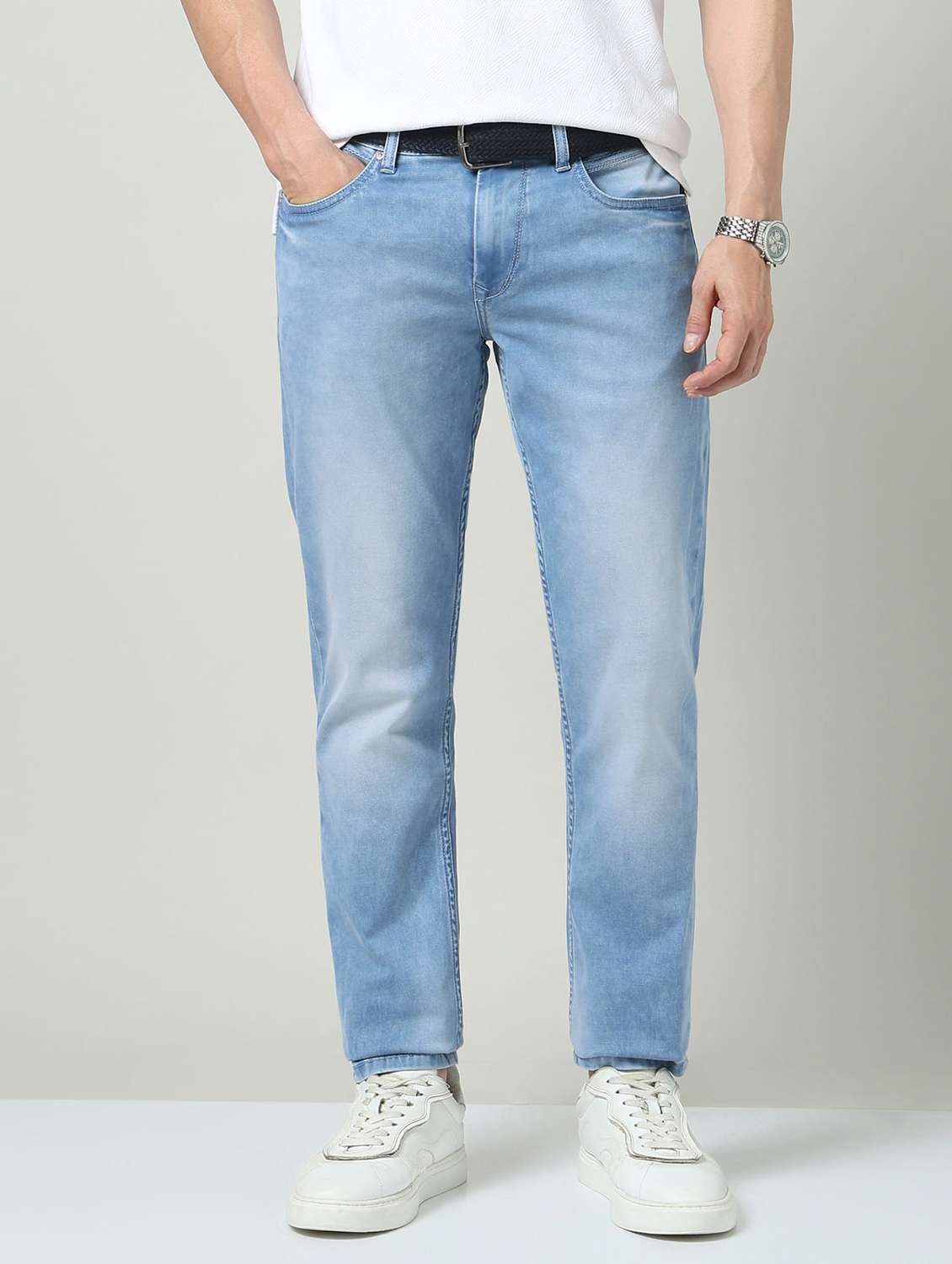 men washed mid rise full length slim fit jeans