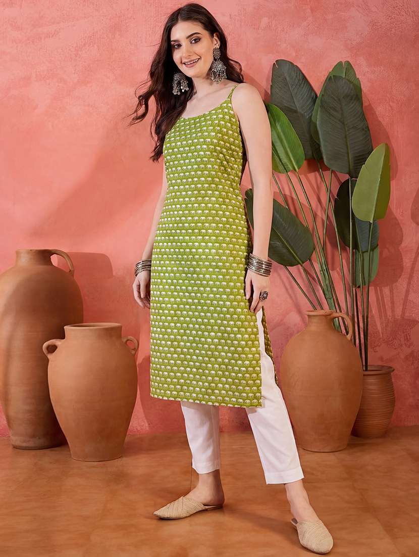 women printed shoulder strap straight kurta - 22501974 -  Standard Image - 2