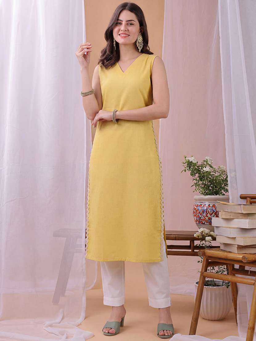 women solid sleeveless v neck straight kurta
