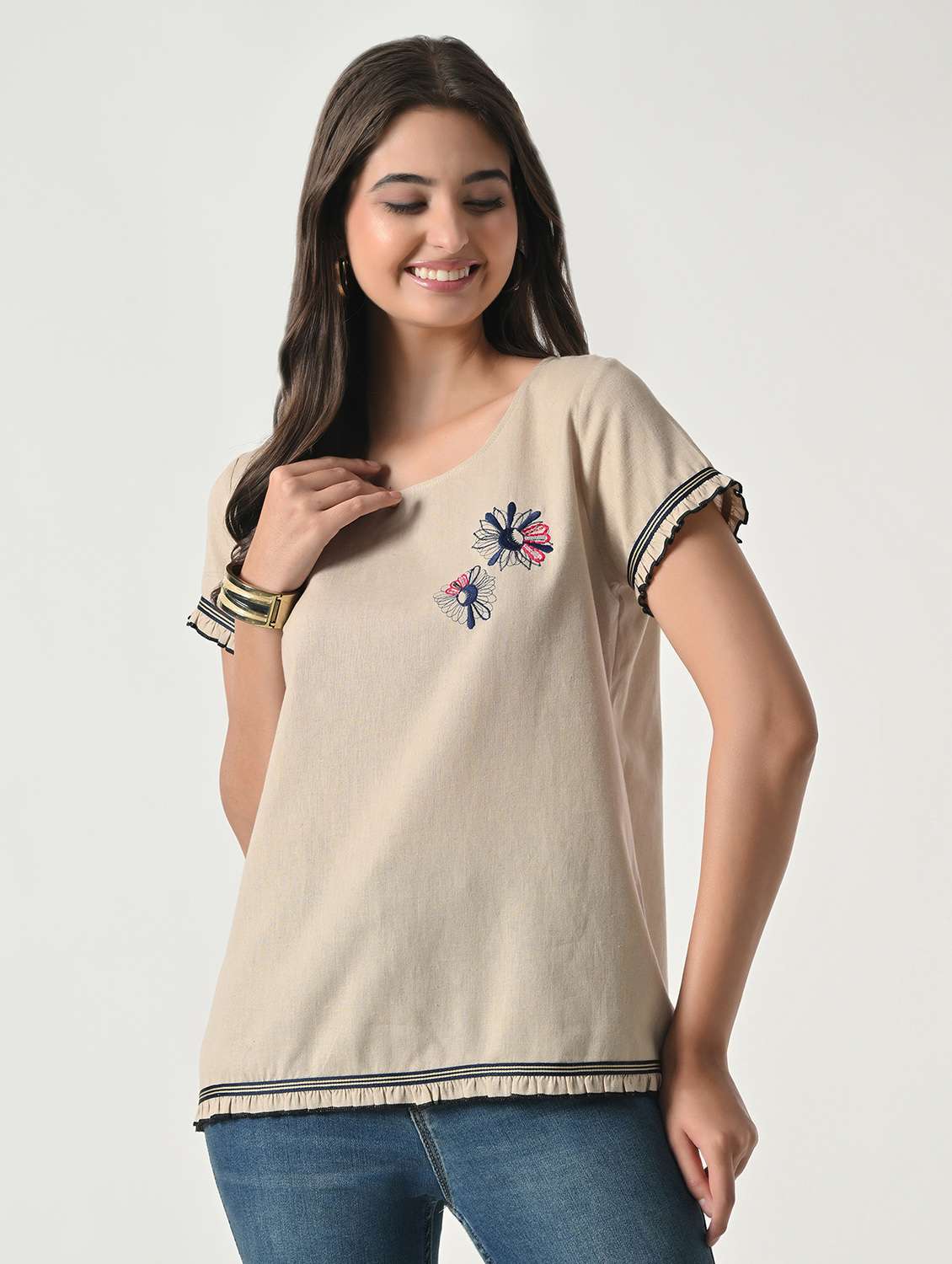women embroidered round neck top - 22502015 -  Standard Image - 2