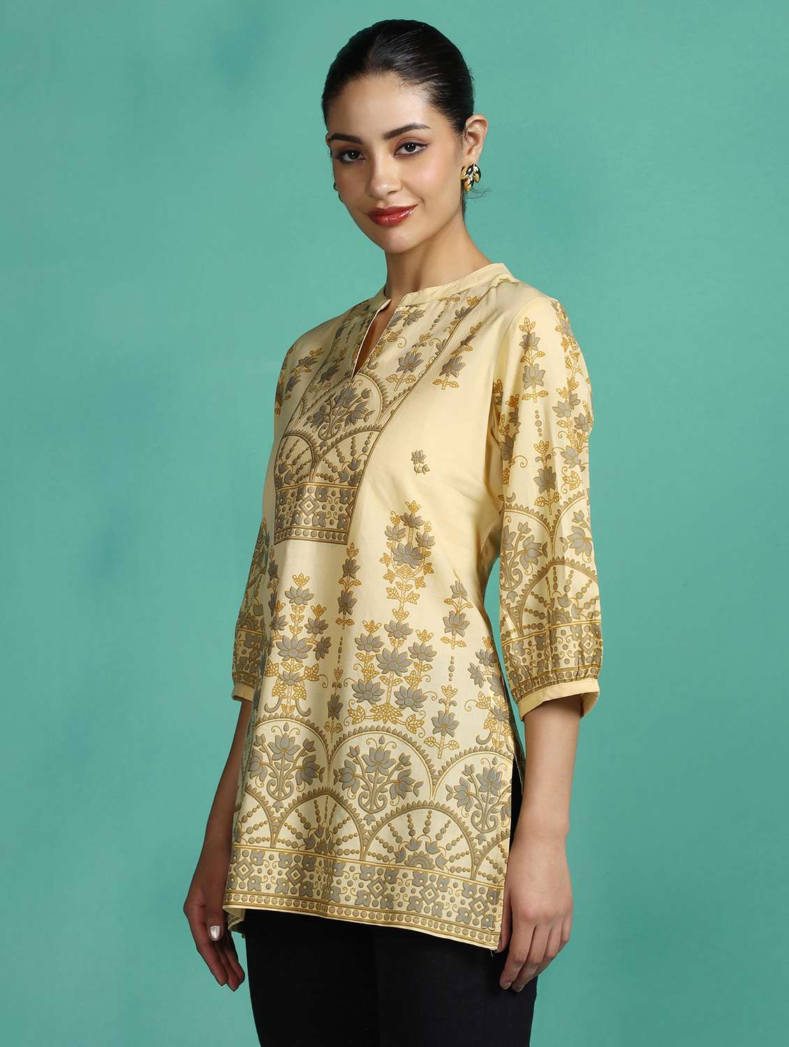 women printed mandarin collar kurti - 22502043 -  Standard Image - 2