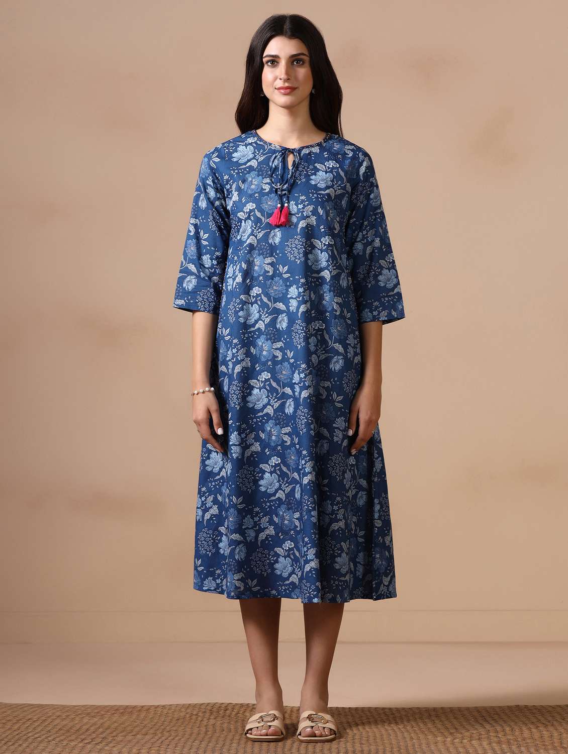 Women Floral Three Quarter Sleeve A-line Ethnic Dress - 22502046 -  Standard Image - 2