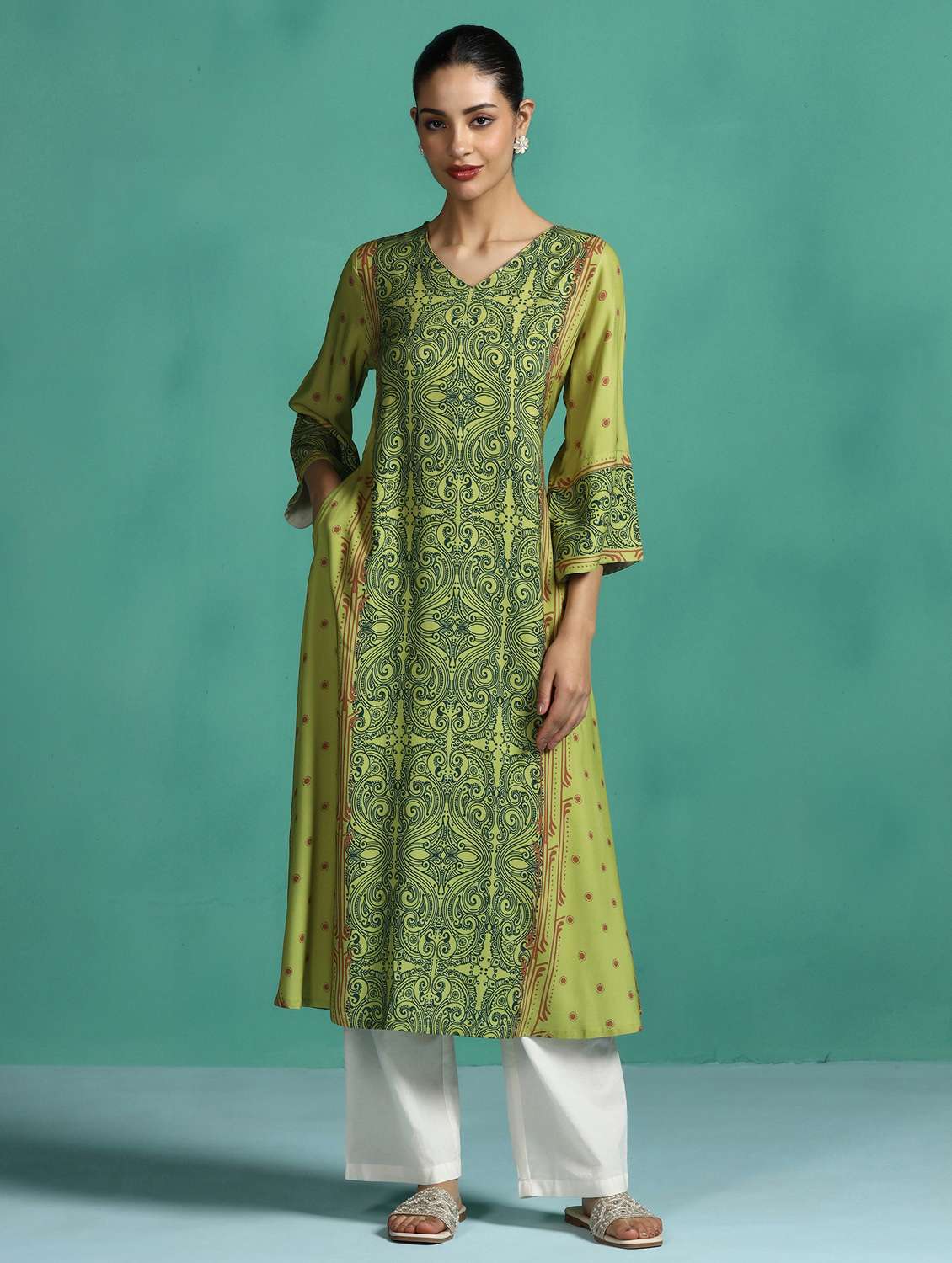 women printed three quarter sleeve a-line kurta - 22502050 -  Standard Image - 2