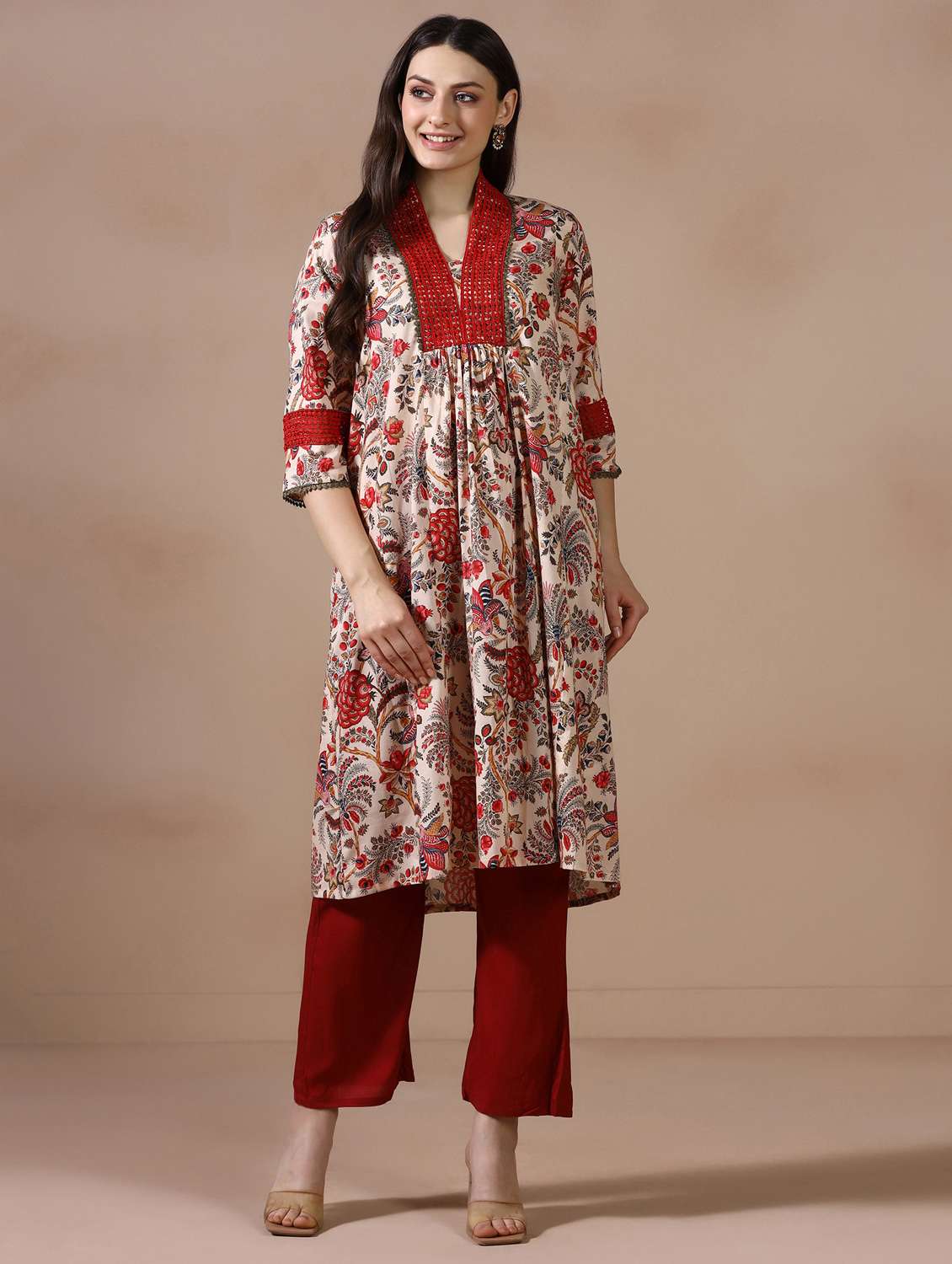 women printed three quarter sleeve a-line kurta - 22502053 -  Standard Image - 2