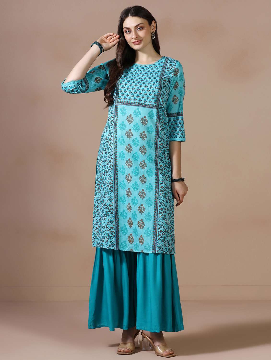 women printed three quarter sleeve straight kurta - 22502054 -  Standard Image - 2