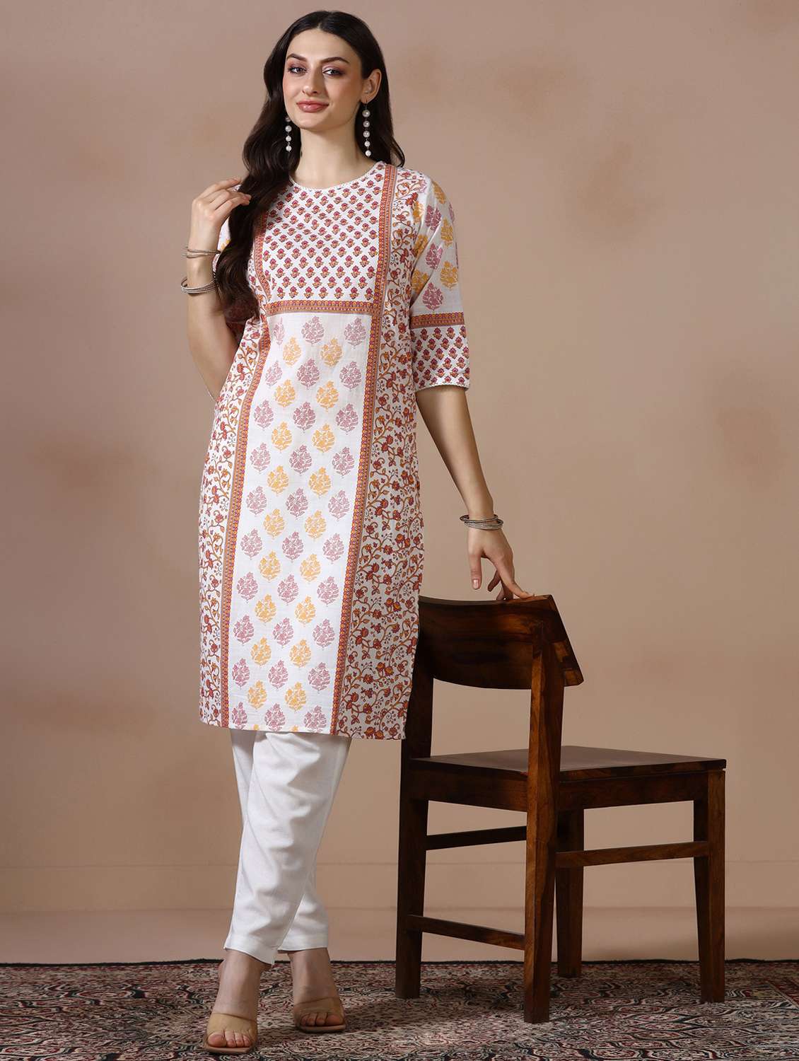 women printed three quarter sleeve straight kurta