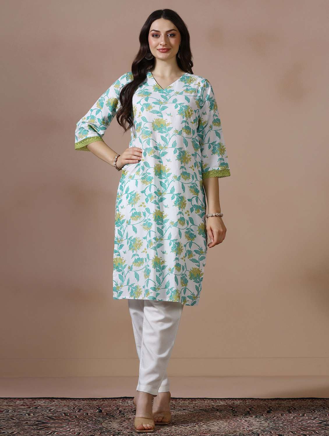 women floral printed three quarter sleeve straight kurta - 22502060 -  Standard Image - 2
