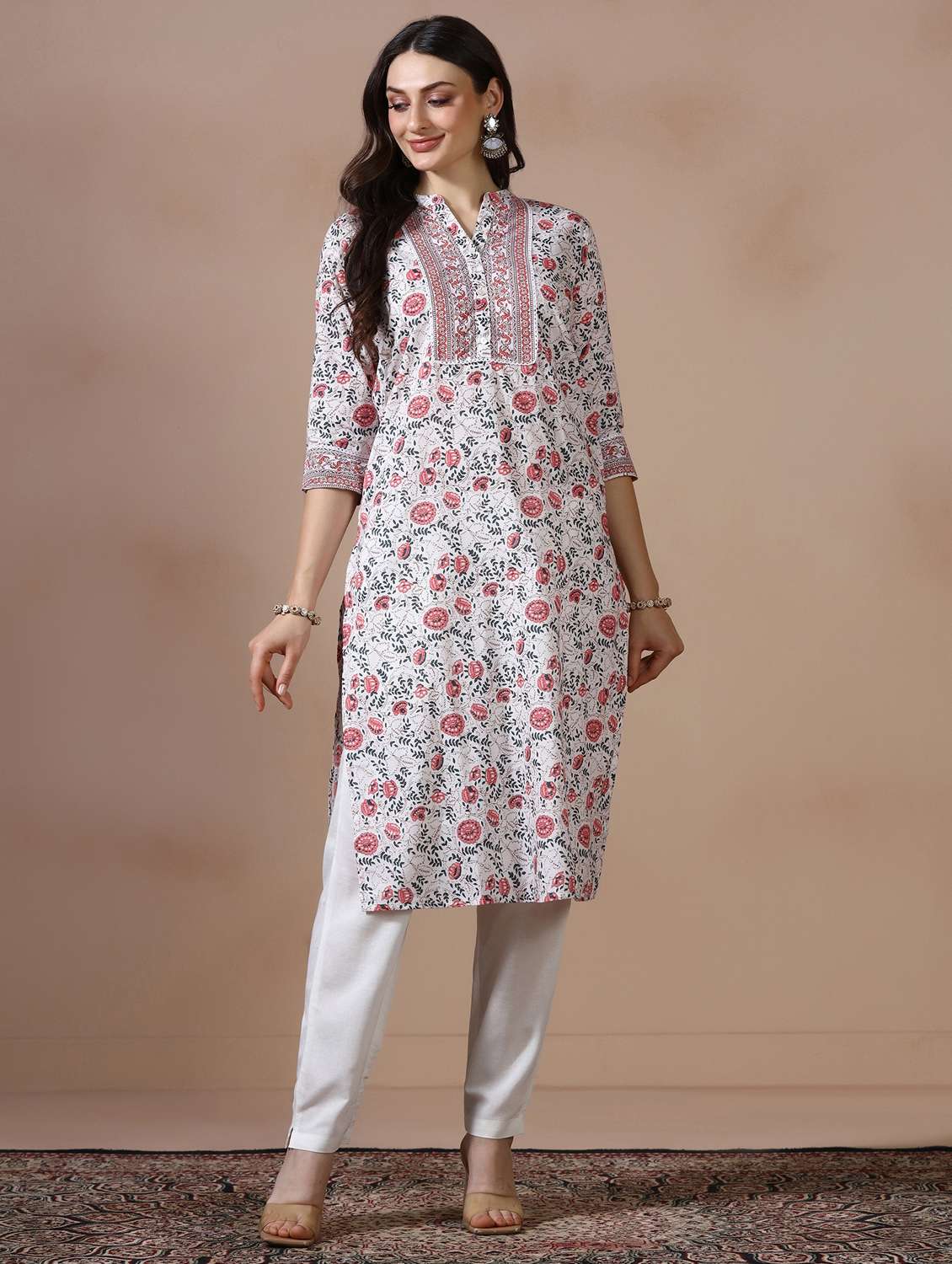 women printed three quarter sleeve straight kurta - 22502064 -  Standard Image - 2