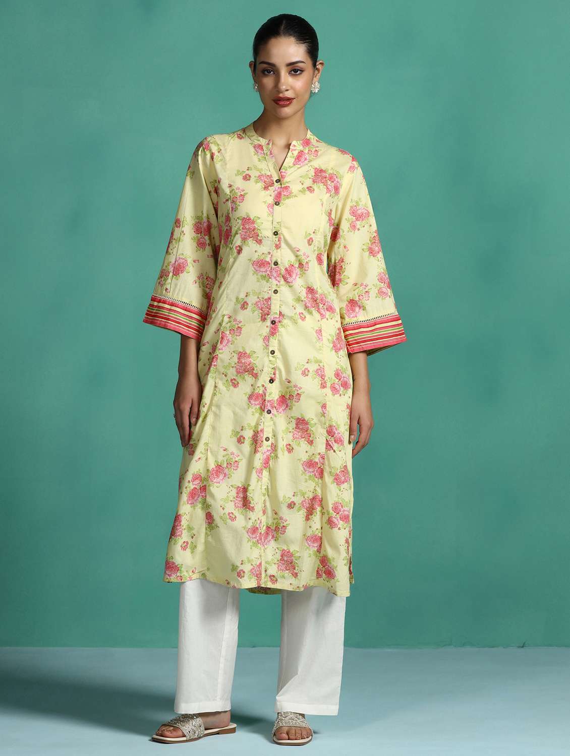women printed three quarter sleeve a-line kurta - 22502065 -  Standard Image - 2