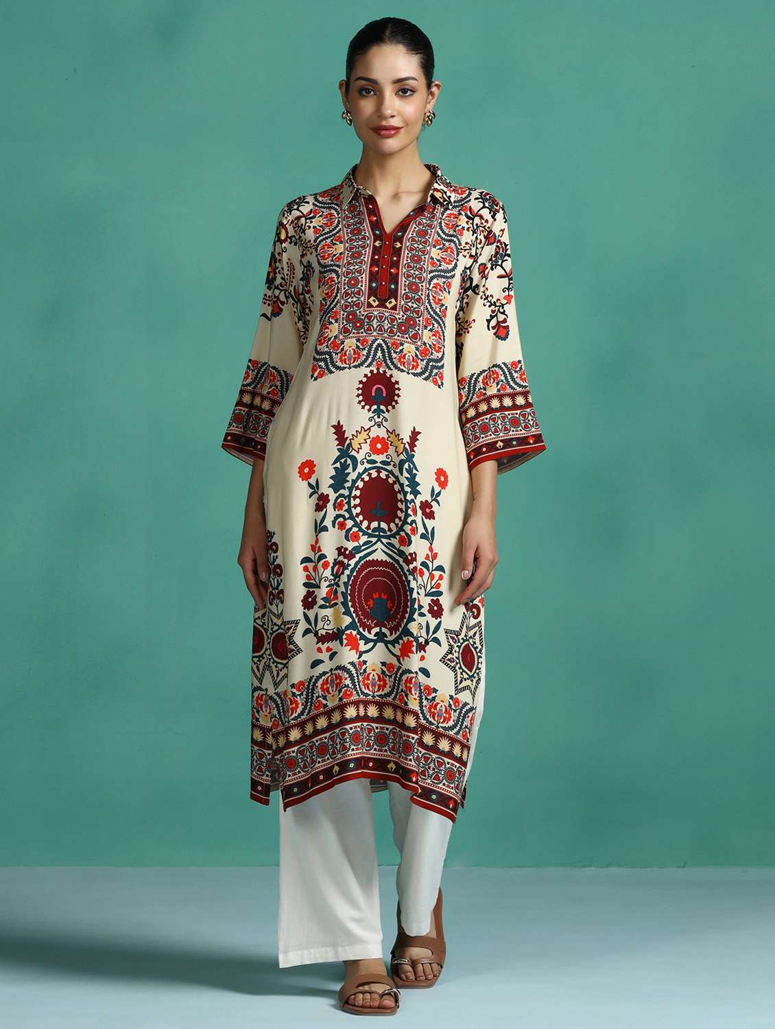 women printed three quarter sleeve a-line kurta - 22502066 -  Standard Image - 2