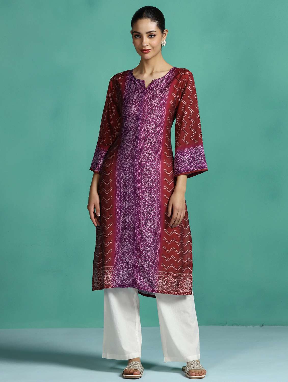 women printed three quarter sleeve a-line kurta - 22502067 -  Standard Image - 2