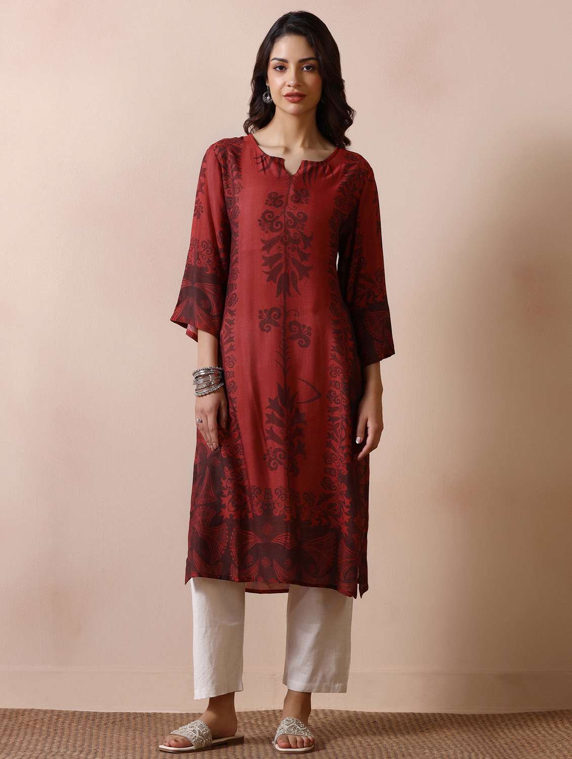 women printed three quarter sleeve straight kurta - 22502068 -  Standard Image - 2